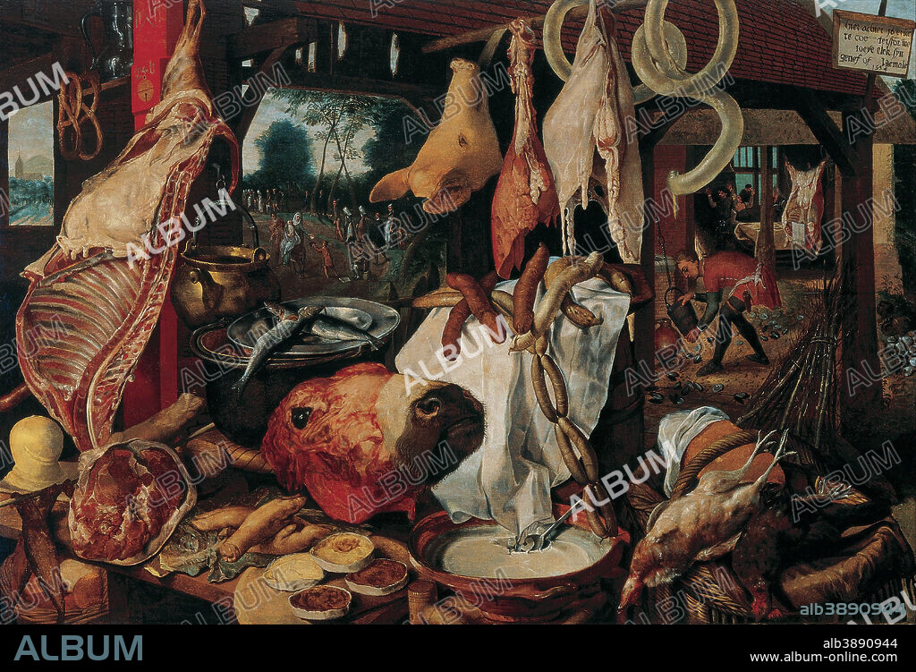 PIETER AERTSEN. Still Life with Meat and the Holy Family (Butcher's Stall with the Flight into Egypt / Meat Stall with the Holy Family Giving Alms). Date/Period: 1551. Painting. Oil on panel. Height: 111 cm (43.7 in); Width: 165 cm (64.9 in).