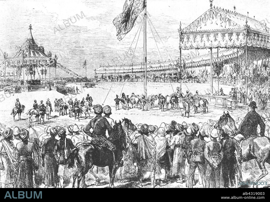 'Queen Victoria proclaimed Empress of India, 1877: The Imperial Durbar at Delhi, New Year's Day', (1901). The ceremony, at Coronation Park, Delhi, India, was attended by Viceroy of India Lord Lytton, British officers and colonial officials, and by numerous maharajas and princes. The Queen herself was not present. From "The Illustrated London News Record of the Glorious Reign of Queen Victoria 1837-1901: The Life and Accession of King Edward VII. and the Life of Queen Alexandra". [London, 1901].