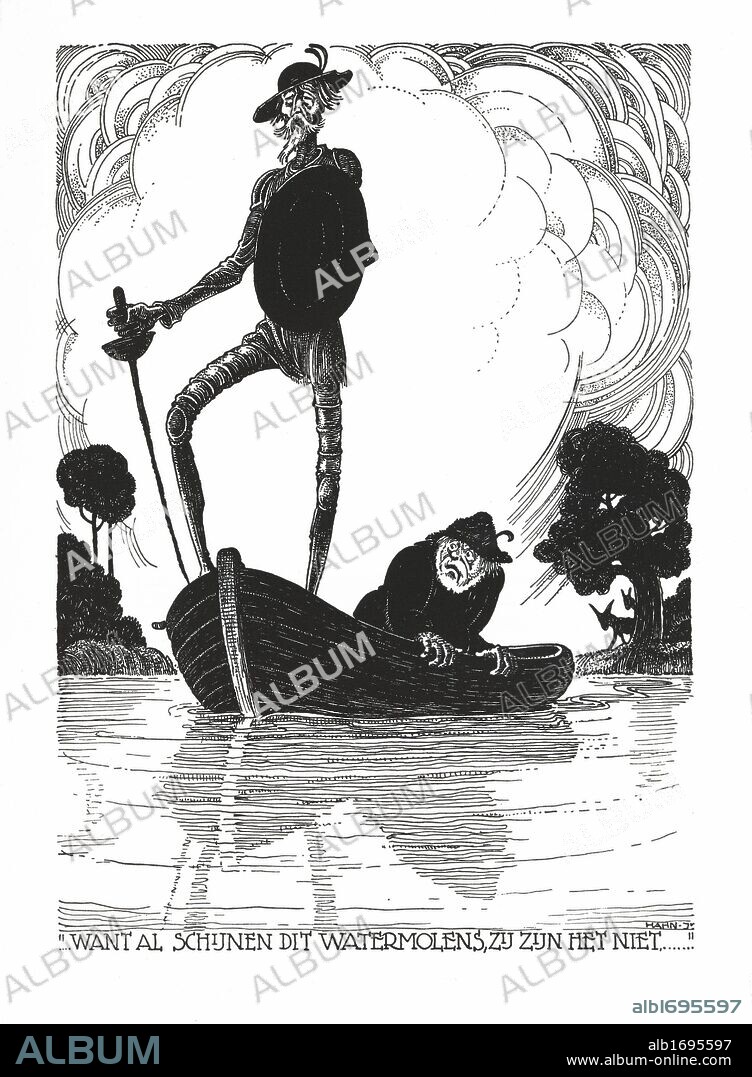 ALBERT HAHN JR.. Escena del libro Don Quichote, de Miguel de Cervantes Saavedra (Alcalá de Henares, 1547-Madrid, 1616). "Sobre una barca navegando por el río…" Editado en Zutphen (Países Bajos), año 1930.