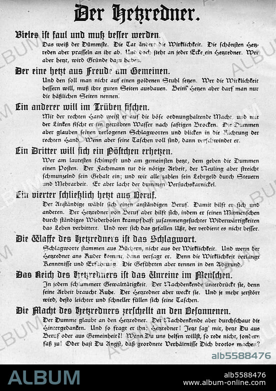 ERNST FRITSCH. Berlin, Revolution 1918/19. "Der Hetzredner" (Plakatentwurf für ein Flugblatt der Liga zum Schutz deutscher Kultur). Lithographie nach E. Fritsch, 1919.