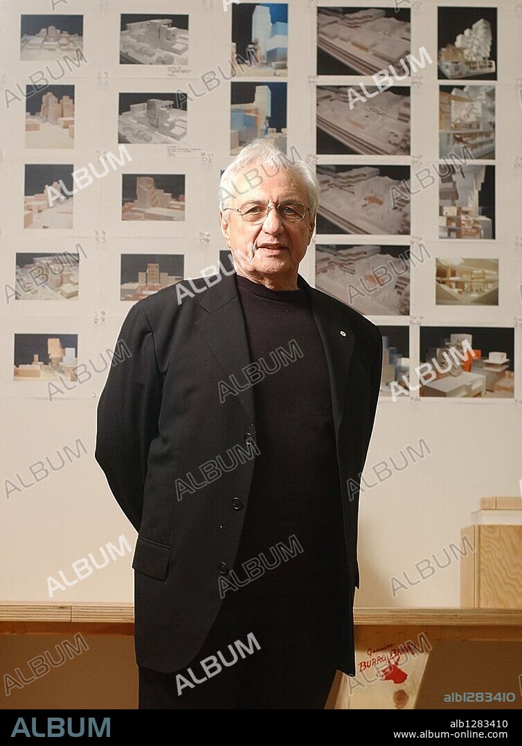 Feb 18, 2006; Toronto, ON, Canada; Architect Frank Gehry portrait at Ontario Building at the AGO on Wednesday. The background of this photo is photos of the progress of the design of the building. Mandatory Credit: Photo by Rene Johnston/Toronto Star/ZUMA Press. (©) Copyright 2006 by Toronto Star. 18/02/2006