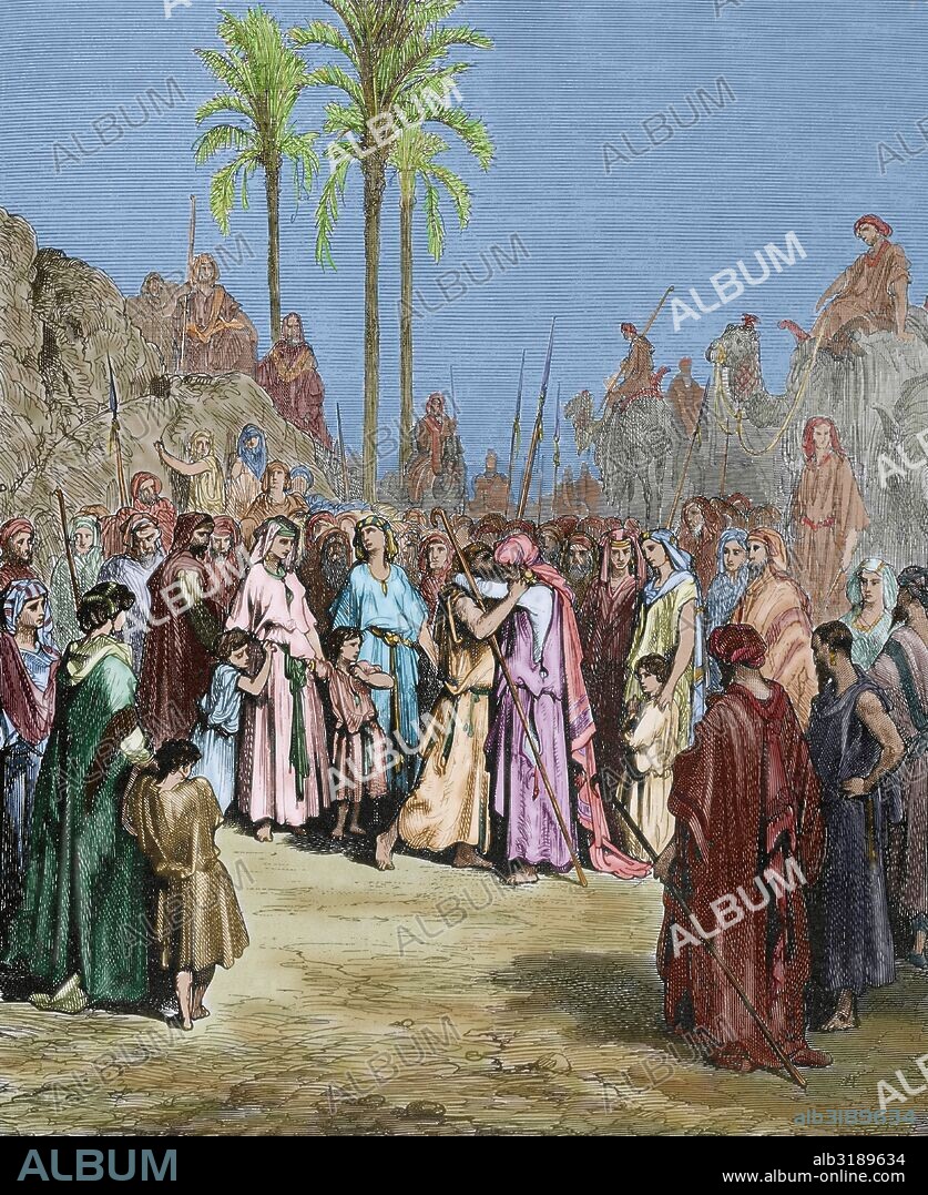 "RECONCILIACION DE JACOB Y ESAU". Grabado de Gustave DORE. Coloreado.