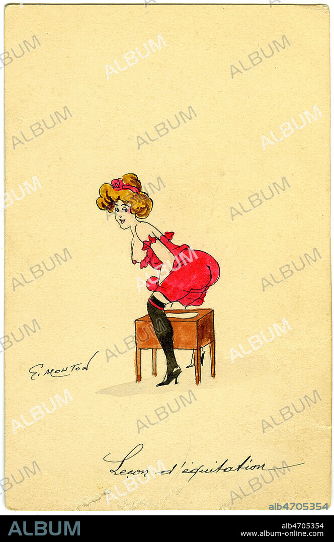 'Leçon d'équitation'. (A cheval sur un bidet, seins nus, une jeune femme a sa toilette). Illustration par Georges MOUTON pour une carte postale de 1910. Credit : Jean Vigne/KHARBINE-TAPABOR.