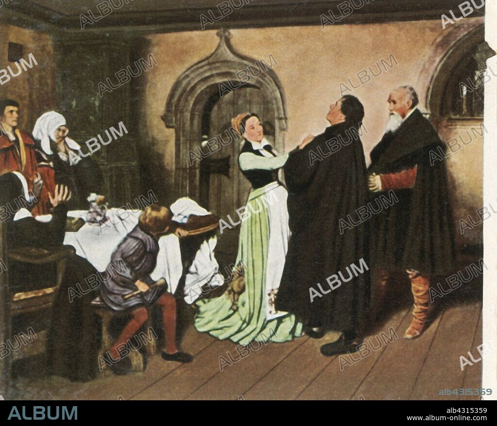 Luther and Katharina von Bora, (1936). German priest and scholar Martin Luther and his wife Katharina von Bora at home. Luther (1483-1546) was a major inspiration behind the Reformation. Under the protection of the Elector of Saxony, Luther produced a German translation of the Bible, and he went on to found the Lutheran Protestant Church. Katharina (1499-1552) is thought to have been an important participant in the Reformation because of her role in defining Protestant family life and setting the tone for clergy marriages. From "Bilder Deutscher Geschichte", (Pictures of German History), No.12, cigarette card album. [Cigaretten-Bilderdienst, Altona-Bahrenfeld, Hamburg, Germany, 1936].