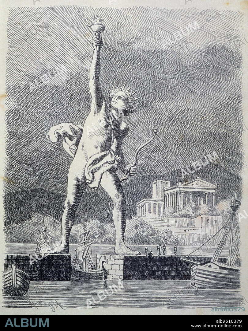 The Colossus of Rhodes, 32 meters high, work by the sculptor Cares of Lindos situated at the entrance of the harbor, German engraving from 1886, is one of the seven wonders of the world..
