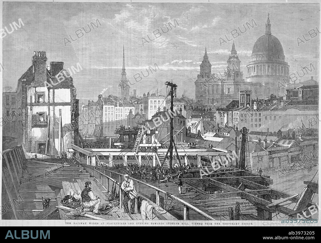 Blackfriars Bridge, London, 1864. View towards Ludgate Hill from the temporary bridge showing the railway works of the London, Chatham and Dover Railway at Blackfriars Bridge. The new Blackfriars Bridge designed by Joseph Cubitt was completed in 1869.
