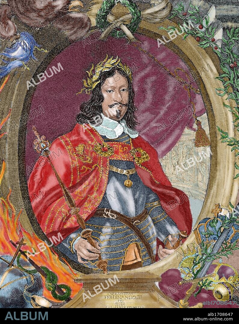 FERNANDO III de Habsburgo (Graz,1608-Viena,1657). Rey de Hungría (1625) y de Bohemia (1627), rey de los romanos (1637), emperador del Sacro Imperio (1637-1657). Prosiguió la Guerra de los Treinta Años. Las victorias de Francia y Suecia le obligaron a firmar el tratado de Westfalia (1648). Grabado coloreado.