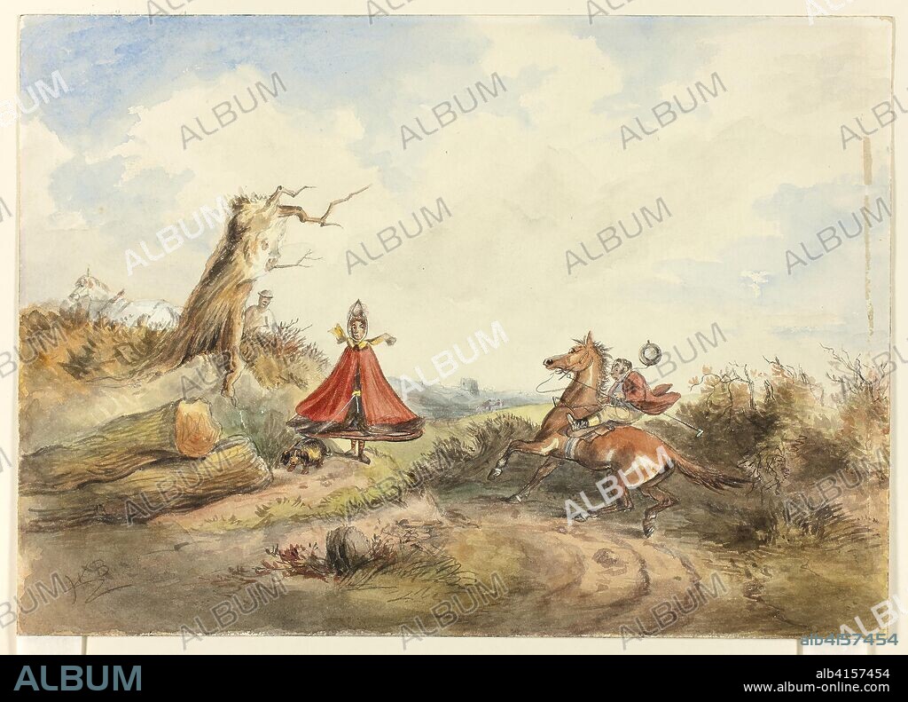 Horse with Rider Shying Away From Woman with Dog. Hablot Knight Browne; English, 1815-1882. Date: 1855-1865. Dimensions: 253 × 354 mm. Watercolor, with pen and black ink, heightened with touches of white gouache, over graphite, selectively varnished, on ivory wove paper. Origin: England.