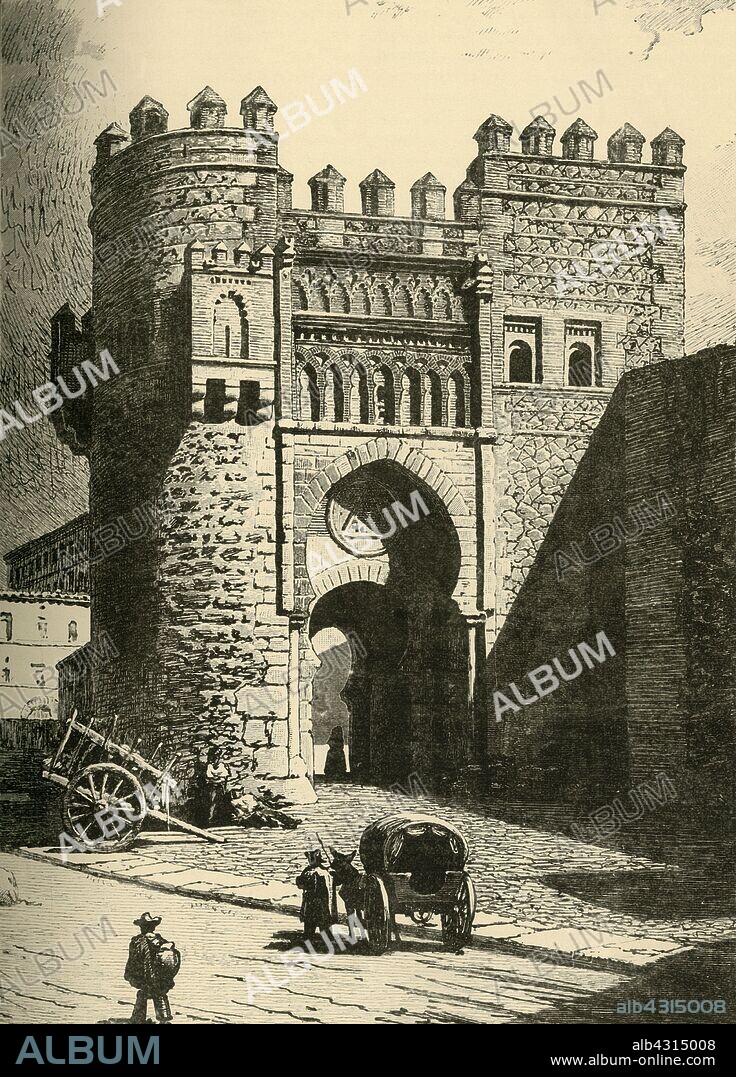 'Puerta Del Sol, Toledo', 1890. City gate of Toledo, Spain, built in late 14th century by the Knights Hospitaller.  From "Cassell's Illustrated Universal History, Vol. IV - Modern History", by Edmund Ollier. [Cassell and Company, Limited, London, Paris and Melbourne, 1890].