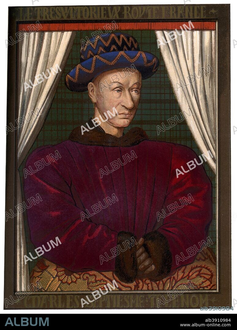King Charles VII of France (1403-1461), c1445 (1849). Charles was King of France from 1422 to his death. He was a member of the House of Valois and was the son of Charles VI. He was famously crowned in Reims in 1429 through the endeavours of Joan of Arc to free France from the English. A 19th century chromolithograph based on an original 15th century painting held by the Louvre, Paris. From Le Moyen Age et la Renaissance, by Paul Lacroix, Ferdinand Séré and A Rivaud, volume V (Paris, 1849).