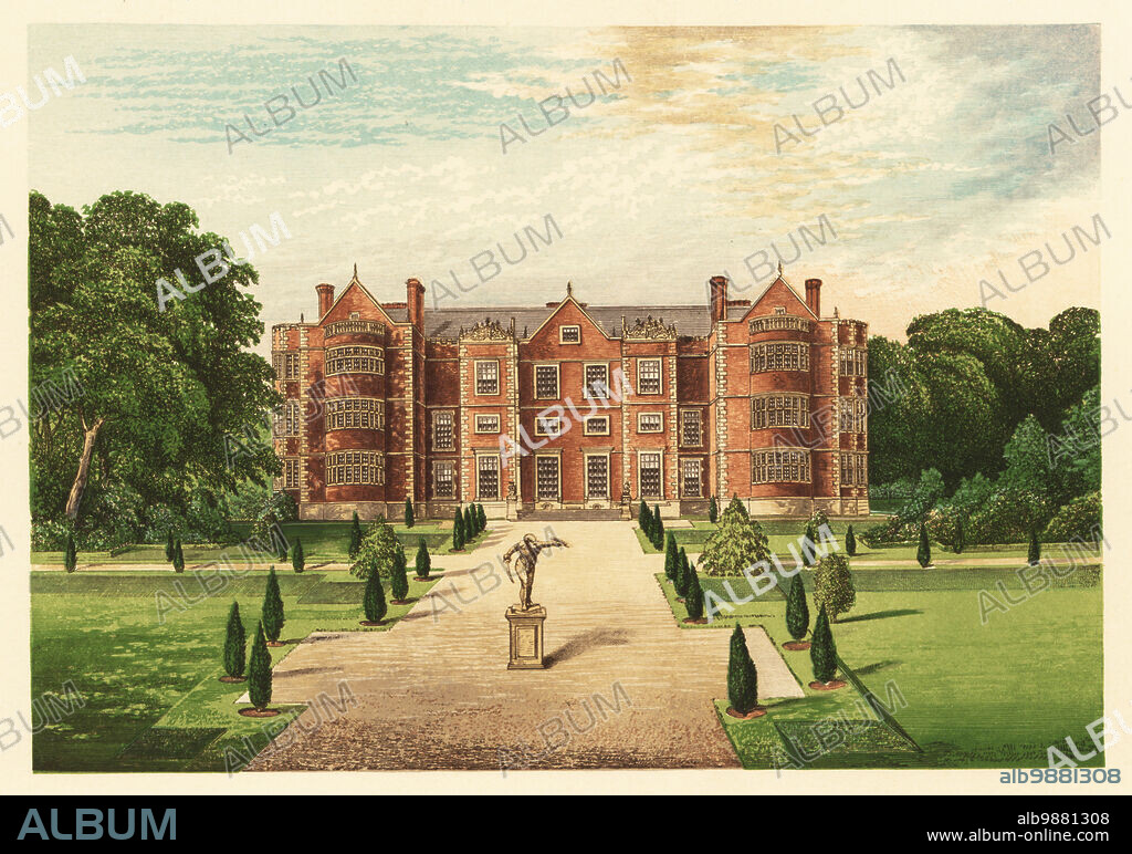 Burton-Agnes Hall, Yorkshire, England. Elizabethan manor house built by Robert Smythson for Sir Henry Griffith in the early 17th century. Colour woodblock by Benjamin Fawcett in the Baxter process of an illustration by Alexander Francis Lydon from Reverend Francis Orpen Morriss Picturesque Views of the Seats of Noblemen and Gentlemen of Great Britain and Ireland, William Mackenzie, London, 1880.