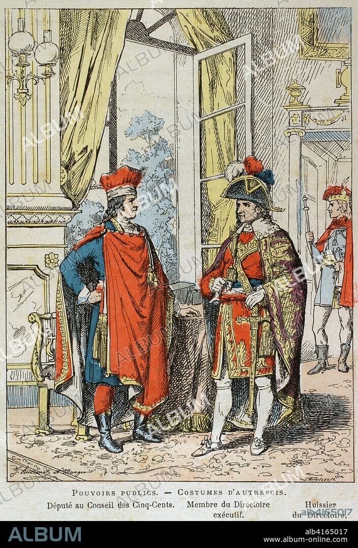Francia Revolucionaria. Siglo XVIII. Período del Directorio (1795-1799). Poderes públicos. Trajes antiguos. Diputado en el Consejo de los Quinientos, miembro del Directorio ejecutivo y oficial ministerial del Directorio "huissier". Ilustración en color de la "Armeé Française, Nos Soldats" (Ejército Francés, Nuestros Soldados). Autor, Eugene Hennebert (1826-1896). París, h. 1890. Biblioteca Histórico Militar de Barcelona, Cataluña, España.