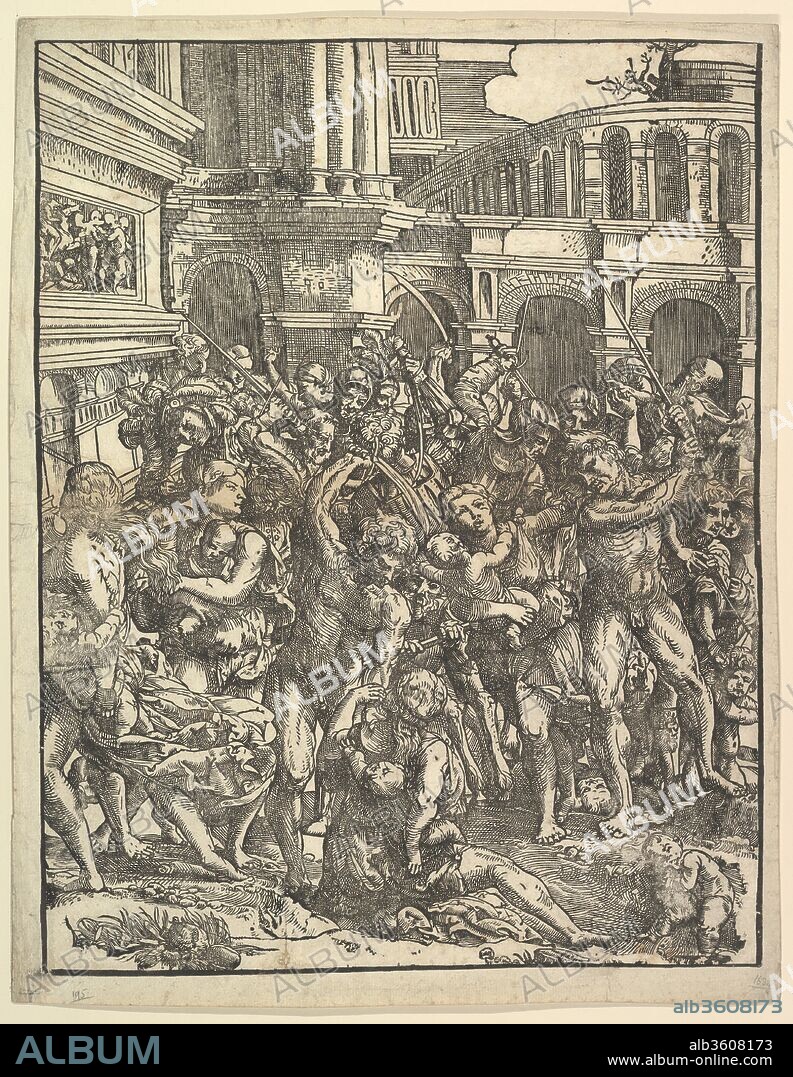 The Massacre of the Innocents (Right side) with group of male figures attacking women and children; classical buildings in the background. Artist: Domenico Campagnola (Italian, Venice (?) 1500-1564 Padua). Dimensions: Block: 20 11/16 × 16 3/8 in. (52.6 × 41.6 cm)
Sheet: 21 7/8 × 17 1/16 in. (55.5 × 43.4 cm)
Image: 20 11/16 × 16 3/8 in. (52.6 × 41.6 cm). Date: 1517.
Complete image comprised of two blocks. Left side is 60.523; right side is 25.75.77.