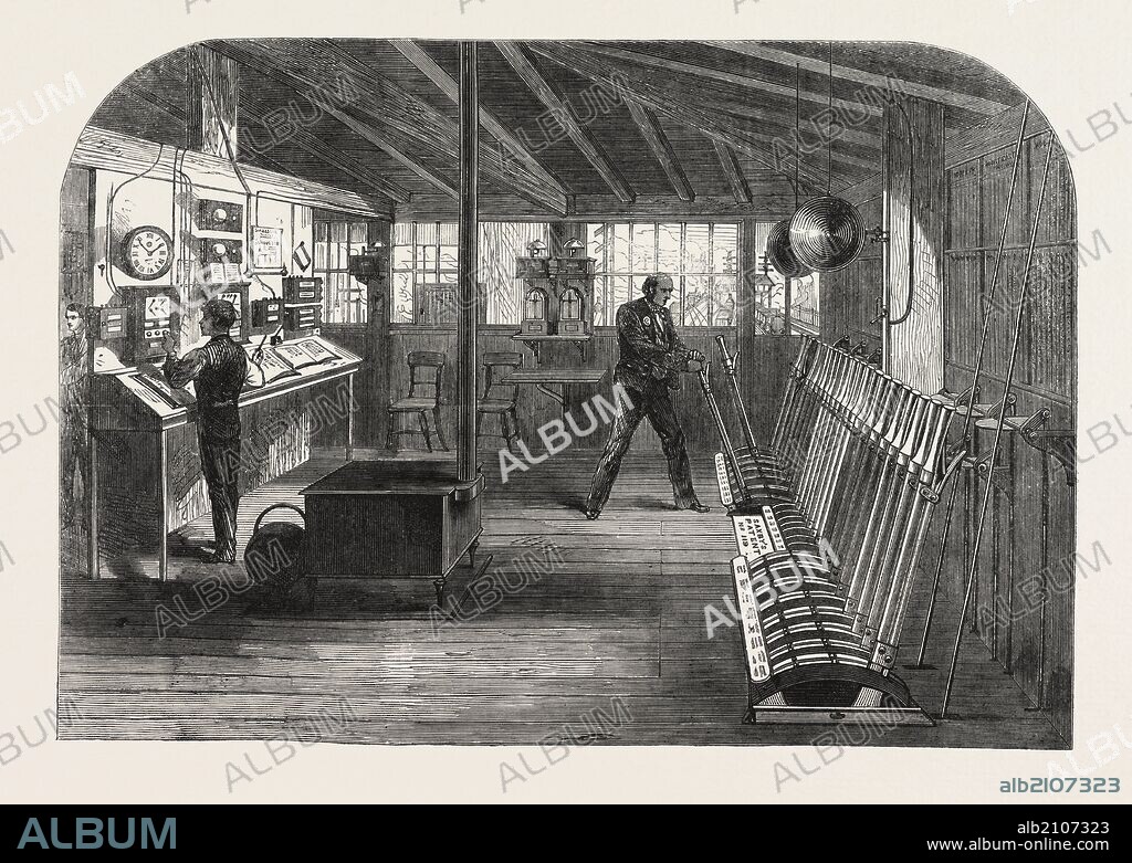 INTERIOR OF THE A.B. SIGNAL-BOX OF THE SOUTH EASTERN RAILWAY AT THE LONDON BRIDGE STATION, LONDON, UK, 1866.