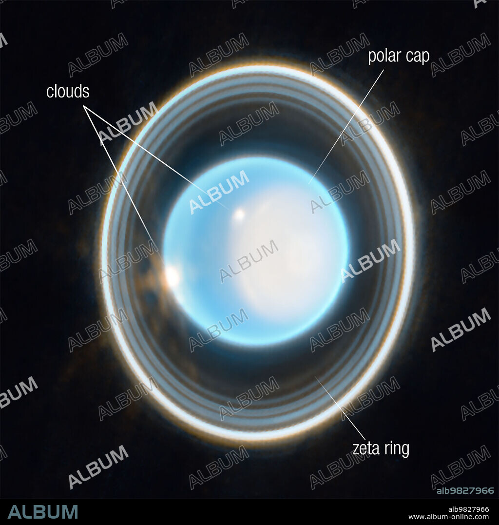 An annotated image of Uranus as seen by the James Webb Space Telescope on Feb. 6, 2023. It features the planet's ring system, showing 11 of the planet's 13 known rings, its polar cap and glowing clouds.