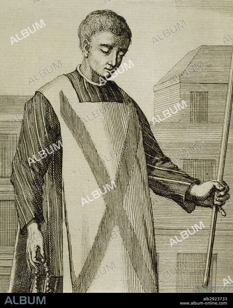 Convicted heretic before the Inquisition wearing a sambenito. Engraving. 1692.