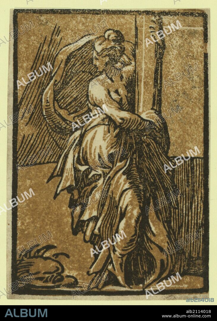 Fortitude, between 1530 and 1550, Trento, Antonio da, approximately 1508-approximately 1550, artist, chiaroscuro woodcut, Allegorical print showing a seated woman holding onto a column.