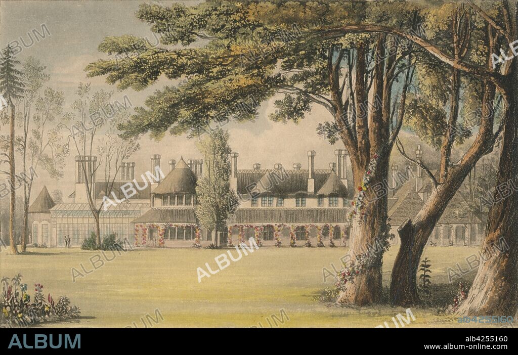 'His Majesty's Cottage, as seen from the Lawn', 1823. View of the Royal Lodge at Windsor in Berkshire, residence of George, Prince of Wales (later King George IV). Additions by architect John Nash were made to the building, known as the Prince Regent's Cottage, which was built in the contemporary style of the cottage orné, with thatched roofs, verandas and a conservatory.