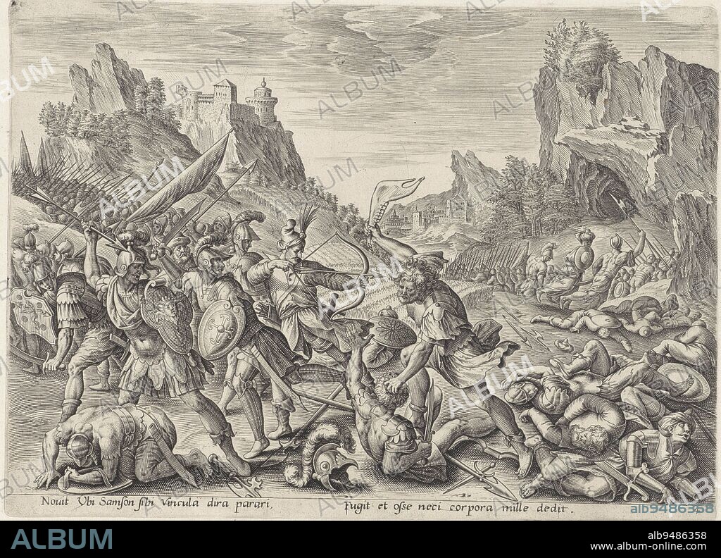 Samson strikes the Philistines dead with the jawbone of a donkey. Below the image a reference in Latin, Samson defeats the Philistines with a donkey's jaw History of Samson Thesaurus sacrarum historiarum veteris testamenti , print maker: Antonie Wierix (II), Maerten de Vos, publisher: Gerard de Jode, Antwerp, 1585, paper, engraving, h 207 mm × w 287 mm.