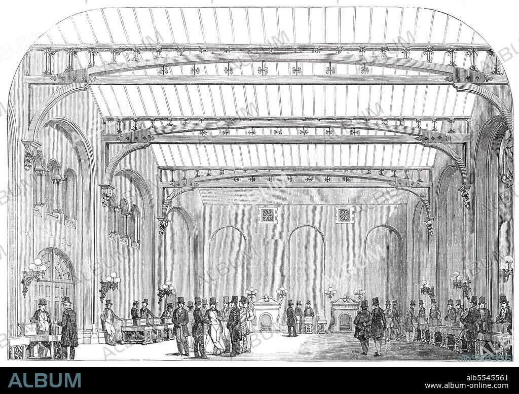 UNKNOWN. Interior of the New Corn Exchange, Nottingham, 1850. '...Nottingham has just received an important addition to its public buildings, by the erection of a Corn Exchange, from the design of Mr. T. C. Hine, architect, of that place. The new edifice, which is very handsome and commodious, comprises an exchange hall, 77 feet by 55 feet; a spacious corridor or portico, a reading-room, and a manager's house. The roof, which is of novel construction, presents nearly one entire surface of glass. The exterior of the roof, which is accessible from the several rooms of the manager's house, is fitted up with a series of blinds, by means of which an uniform degree of light is secured throughout the year...To allow of the building being used for other purposes than a Corn Exchange, the large room is fitted up with handsome fire-places and gas brackets'. From "Illustrated London News", 1850.