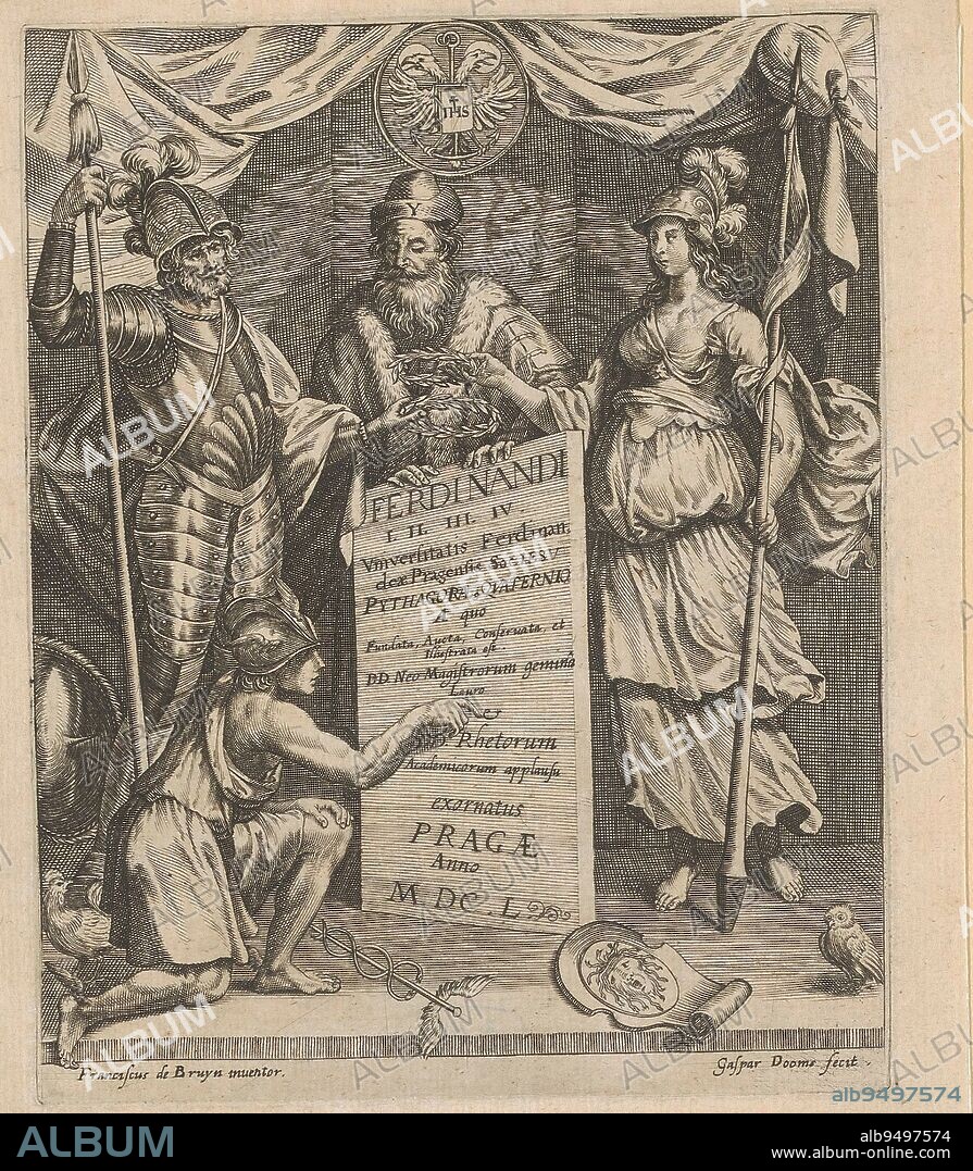 The title plate is held up by a man with the letter Y on his hat. Mars and Minerva Hold a laurel wreath above title, while the kneeling Mercury points to it., Allegory of good government Ferdinandi I. II. III. IV. (series title), print maker: Johann Caspar Dooms, (mentioned on object), Franciscus de Bruyn, (mentioned on object), Praag, 1650, paper, engraving, h 156 mm - w 124 mm.