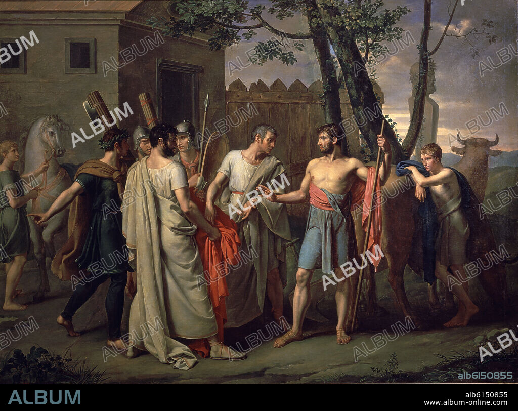 JUAN ANTONIO RIBERA. CINCINATO ABANDONA EL ARADO PARA DICTAR LEYES A ROMA - HACIA 1806 - O/L - 160x215 cm - NEOCLASICISMO ESPAÑOL - NP 5784.