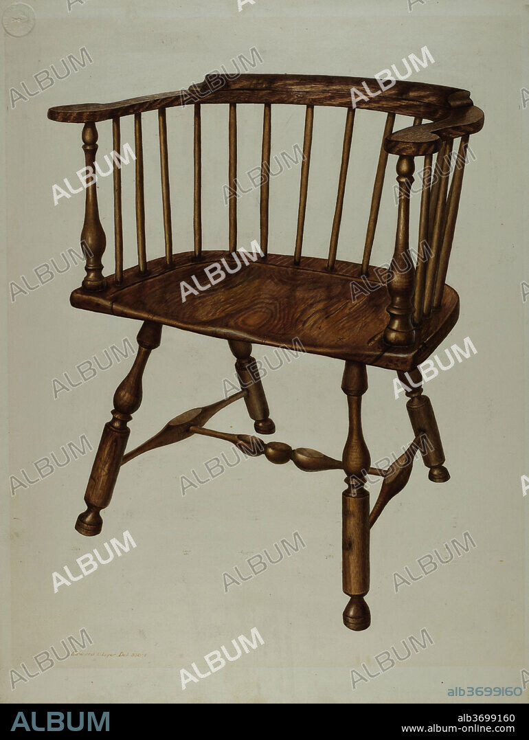 EDWARD L. LOPER. Low-back Stretcher Chair. Dated: c. 1942. Dimensions: overall: 45.7 x 35 cm (18 x 13 3/4 in.)  Original IAD Object: 32"high, 51"long.  See data sheet for details.. Medium: watercolor, colored pencil, and graphite on paperboard.