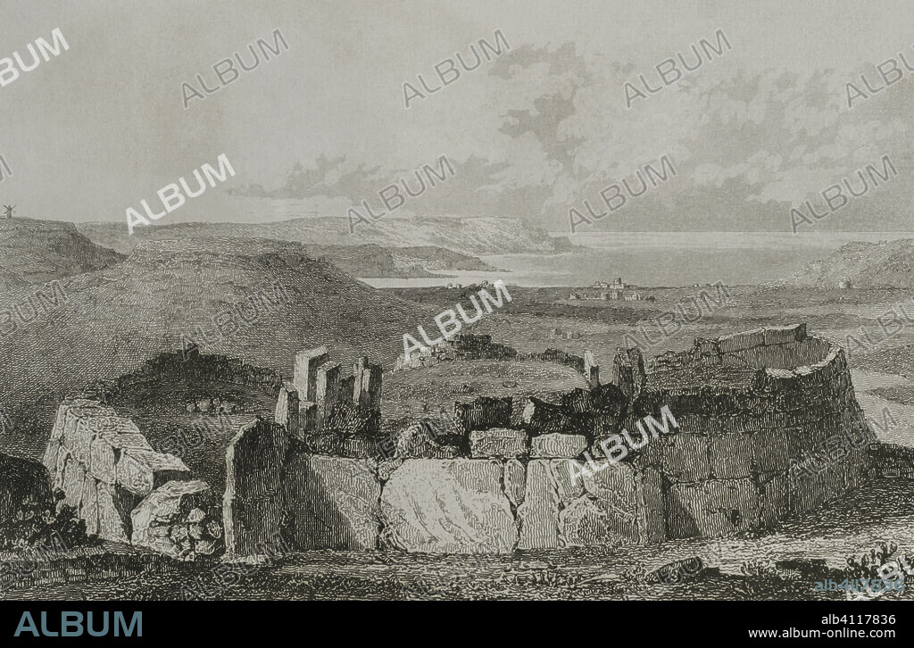 Xaghra, Island of Gozo, Malta. Ggantija. Megalithic temples dating from the Neolithic era (from 3600 to 3200 BC). Engraving. Lemaitre direxit. History of Malta and Gozo, by Frédéric Lacroix. Panorama Universal, Spanish edition, printed in Barcelona, 1850.