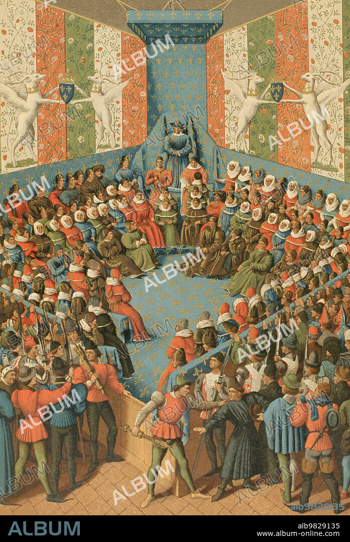 Carlos VII (1403-1461). Rey de Francia (1422-1461). Carlos VII presidiendo el juicio de Juan II de Alençon (1409-1476) en el castillo de Vendome, en 1458. Juan II era aliado de los ingleses y fue acusado de conspirar contra Francia durante la guerra de los Cien Años. Cromolitografía a partir de una miniatura de Jean Fouquet en el siglo XV. "Vie Militaire et Religieuse au Moyen Age et à l'Epoque de la Renaissance". París, 1877.