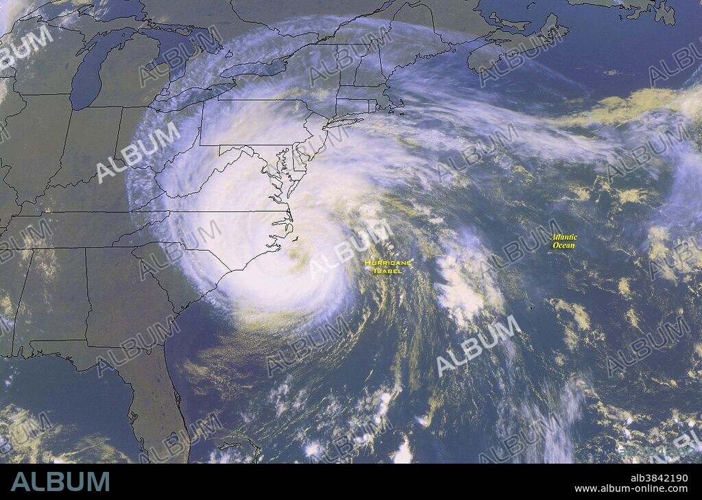 NOAA satellite image of Hurricane Isabel taken on September 18, 2003, at 11:45 a.m. EDT. Hurricane Isabel was the costliest, deadliest, and strongest hurricane in the 2003 Atlantic hurricane season. The ninth named storm, fifth hurricane, and second major hurricane of the season, Isabel formed near the Cape Verde Islands from a tropical wave on September 6 in the tropical Atlantic Ocean. It moved northwestward, and within an environment of light wind shear and warm waters it steadily strengthened to reach peak winds of 165 mph on September 11. After fluctuating in intensity for four days, Isabel gradually weakened and made landfall on the Outer Banks of North Carolina with winds of 105 mph on September 18. It quickly weakened over land and became extratropical over western Pennsylvania the next day. Moderate to severe damage extended up the Atlantic coastline and as far inland as West Virginia. Roughly six million people were left without electric service in the eastern United States from the strong winds of Isabel. Rainfall from the storm extended from South Carolina to Maine, and westward to Michigan. Throughout the path of Isabel, damage totaled about 5.7 billion (2003 USD, $7.31 billion 2014 USD).