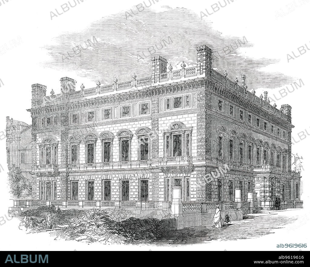 Bridgewater House - architect, Charles Barry, Esq., R.A., 1850. Cleveland House in London was re-designed in the Palazzo style by Sir Charles Barry. The rebuilding was completed and renamed in 1854 for Lord Ellesmere, heir of the 3rd Duke of Bridgewater. It is built in Bath stone. 'The windows throughout the two fronts, on the principal floor, have arched pediments to them, filled in with small shields having a monogram of two "E.'s" intertwined, for "Ellesmere"...The entrance porch...is of nice design, having clustered columns at the angles. Over the entablature is the inscription "Restauratum 1849"...it is understood the magnificent collection of pictures will be open to the inspection of the public, and a separate staircase is arranged at the north-east corner; so that the freedom of access to the public will not interfere with the privacy of the noble Earl's establishment'. From "Illustrated London News", 1850.