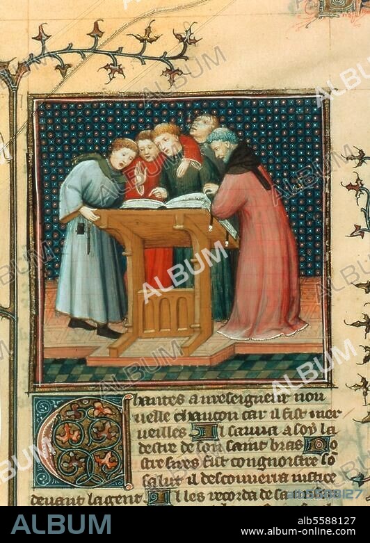 ANONYM. Buchmalerei, französisch, 14. Jahrhundert. Kirchensänger. Aus der "Bible historiale" des Pierre le Mangeur, übersetzt und glossiert von Guiart des Moulins. Ms. français 159, fol. 277 v, Paris, Bibliothèque Nationale.