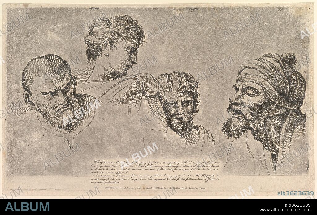 Four Heads From the Raphael Cartoons at Hampton Court. Artist: After Raphael (Raffaello Sanzio or Santi) (Italian, Urbino 1483-1520 Rome); Possibly by William Hogarth (British, London 1697-1764 London). Dimensions: plate: 8 1/2 x 14 in. (21.6 x 35.6 cm)
sheet: 8 7/8 x 14 3/8 in. (22.5 x 36.5 cm). Publisher: Jane Hogarth (British, 1709-1789). Date: May 14, 1781.