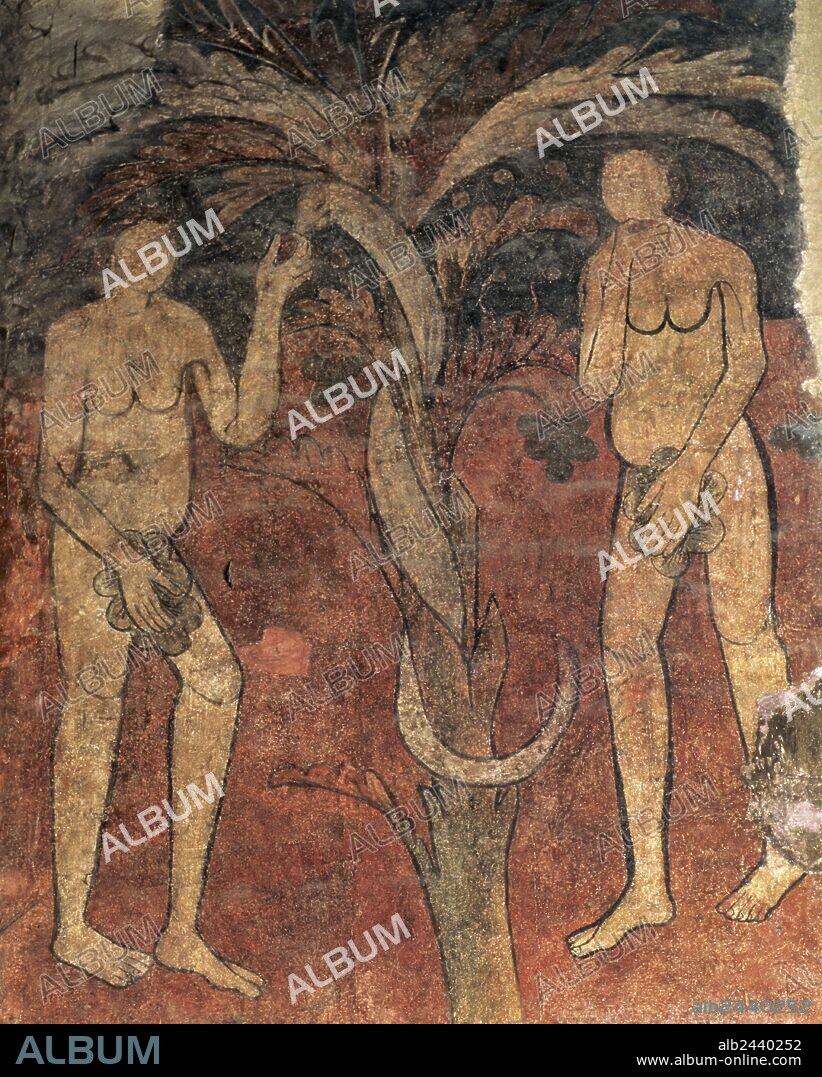 ARTE ROMANICO. SIGLO XII. "ADAN Y EVA, EL ARBOL DEL PARAISO DEL BIEN Y DEL MAL". Pintura ubicada en el arco triunfal del ábside central (1116-1137) de la iglesia de Santa María de Barberà. Barberà del Vallès. (Provincia de Barcelona, comarca del Vallès Occidental). Cataluña.