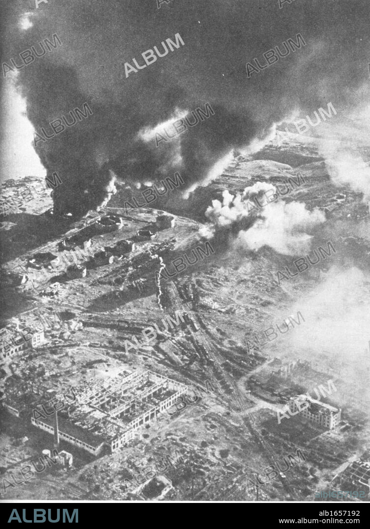 Battle of Stalingrad - Aerial view of fuel stores on fire. The Battle of Stalingrad between Germany and the Soviet Union lasted from 17 July 1942 until 2 February 1943. The mosty brutal and bloodiest of engagements of World War II,it claimed almost 2 million casualties. It is considered to be a turning point in the war, with the Soviet union victorious.