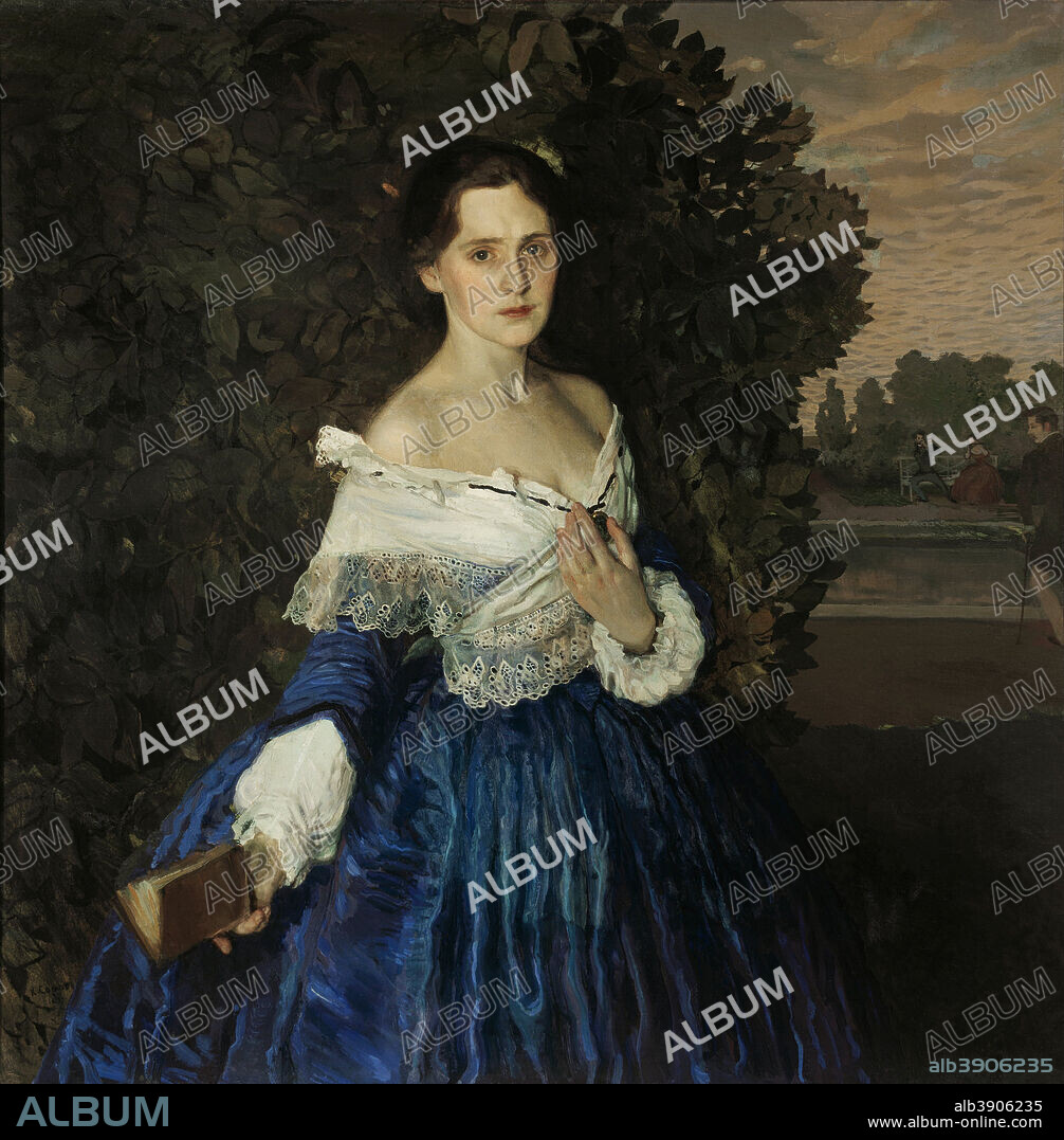 KONSTANTIN SOMOV. Lady in blue. Portrait of Ye.M. Martynova. Date/Period: From 1897 until 1900. Painting. Oil on canvas. Height: 103 cm (40.5 in); Width: 103 cm (40.5 in).