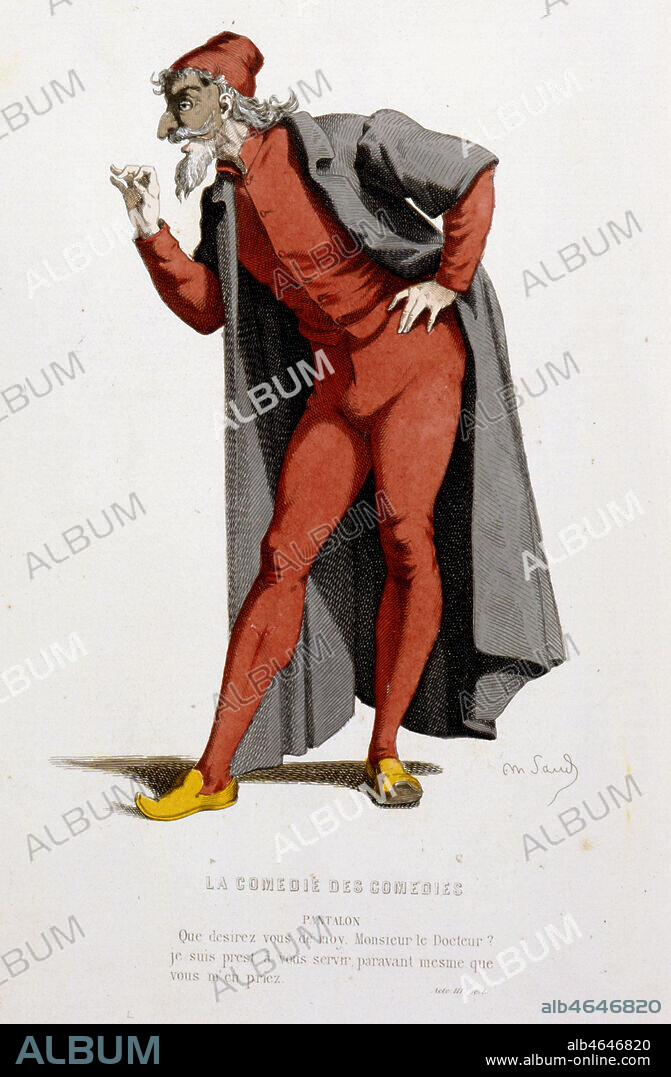 'La comedie des comedies - Pantalon : Que desirez-vous de moy, Monsieur le Docteur ? Je suis prest a vous servir, paravant mesme que vous m'en priez.' (Acte III, scene 1) ; in 'Le theatre francais au XVIe et au XVIIe siecle' par Edouard Fournier (1819-1880), ed. Laplace, Sanchez et Cie, Paris, 1871. Illustrations de Maurice Sand (1823-1889). Credit : Collection Sev/Kharbine-Tapabor.