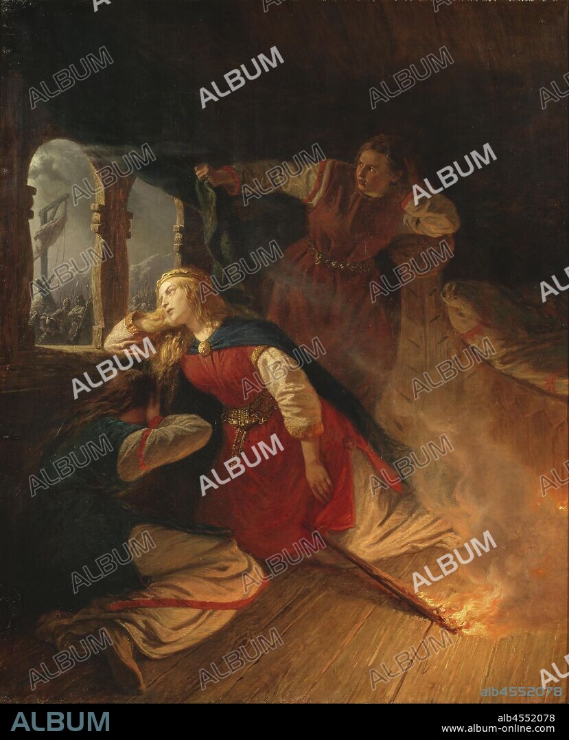 Wilhelm Wallander, Signe Seeks Death in the Flames of Her Bower, Signe burns in neighbors, painting, oil on canvas, Height, 101 cm (39.7 inches), Width, 82 cm (32.2 inches).