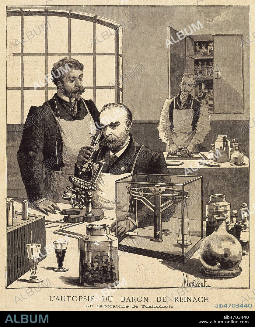 L'autopsie du baron Jacques de REINACH (1840-1892). Au laboratoire de toxicologie. Illustration de Louis MONTEGUT (19 s.) pour L'Intransigeant illustre de 1892. Credit : Coll. Jonas/KHARBINE-TAPABOR.