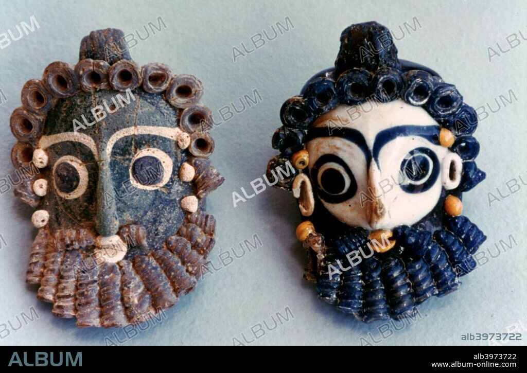 Carthaginian masks, Tunisia, 4th-3rd century BC. Cathage was settled by Phoenician settlers from Tyre in 814 BC. The city became the centre of a powerful empire that rivalled Rome for control of the western Mediterranean in the 3rd and 2nd centuries BC. Located in the Bardo Museum, Tunisia.