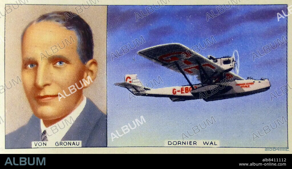 Hans Wolfgang von Gronau (25 February 1893 - 17 March 1977) was a German aviation pioneer. A Dornier Wal. On 18 August 1930 von Gronau flew on a transatlantic flight on a Dornier Wal --the old D-1422 flying boat that Amundsen had flown earlier. He took off from Sylt (Germany) through Faroe Islands, Iceland, Greenland and Labrador, reaching New York City after covering 7,520 km in 47 flight hours.