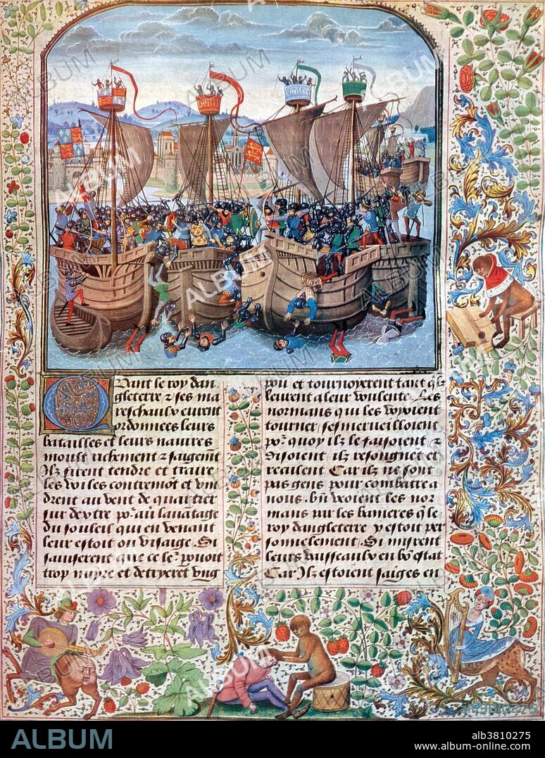 Miniature of the battle from Jean Froissart's Chronicles, 15th century. The Battle of Sluys was fought on June 24, 1340 as one of the opening conflicts of the Hundred Years' War. Philippe's navy was destroyed, giving the English fleet complete mastery over the channel. Figures for the navies vary widely among historians. The English are said to have had up to 400 ships. The French fleet (combined French, Castilian and Genoese) are said to have had some 250 ships. Most of the ships were extremely small, carrying crews of sailors and fighting men of around 25. By the end of the battle, the French fleet had been broken with the loss of only two English ships captured, and the water was reported to be thick with blood and corpses. Sluys destroyed the French naval capability for some years and enabled King Edward III to land forces in Northern and Western France with little opposition. The Hundred Years' War was a series of conflicts waged from 1337 to 1453 between the Kingdom of England and the Kingdom of France for control of the French throne. Militarily, it saw the introduction of new weapons and tactics which eroded the older system of feudal armies dominated by heavy cavalry in Western Europe. It is often viewed as one of the most significant conflicts in the history of medieval warfare.