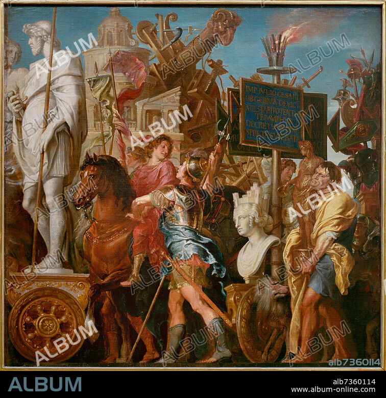 PETER PAUL RUBENS. Rubens, Peter Paul (1577-1640) attr., and Erasmus II Quellinus. (1607-78). "Triumph of Caesar - Captured standards and siege equipment". (Copy, after the cycle: "Triumph of Caesar" by Andrea Mantegna). Oil on wood, 86,5 × 90,5 cm. Nostitz Collection. Prague, National Gallery.