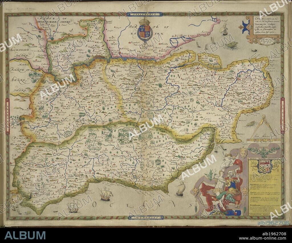 Sussex and Kent. An atlas of England and Wales, containing 35 colou. London, 1579. A map of Sussex and Kent, with parts of Essex, Buckinghamshire, Bekshire, Hampshire and Middlesex. Image taken from An atlas of England and Wales, containing 35 coloured maps, drawn by Christopher Saxton and engraved by A. Ryther, R. Hogenberg, C. Hogius, N. Reynolds, L. Terwoort and F. Scatter. Originally published/produced in 1579. Source: Maps.C.3.bb.5, f.11. Language: English.