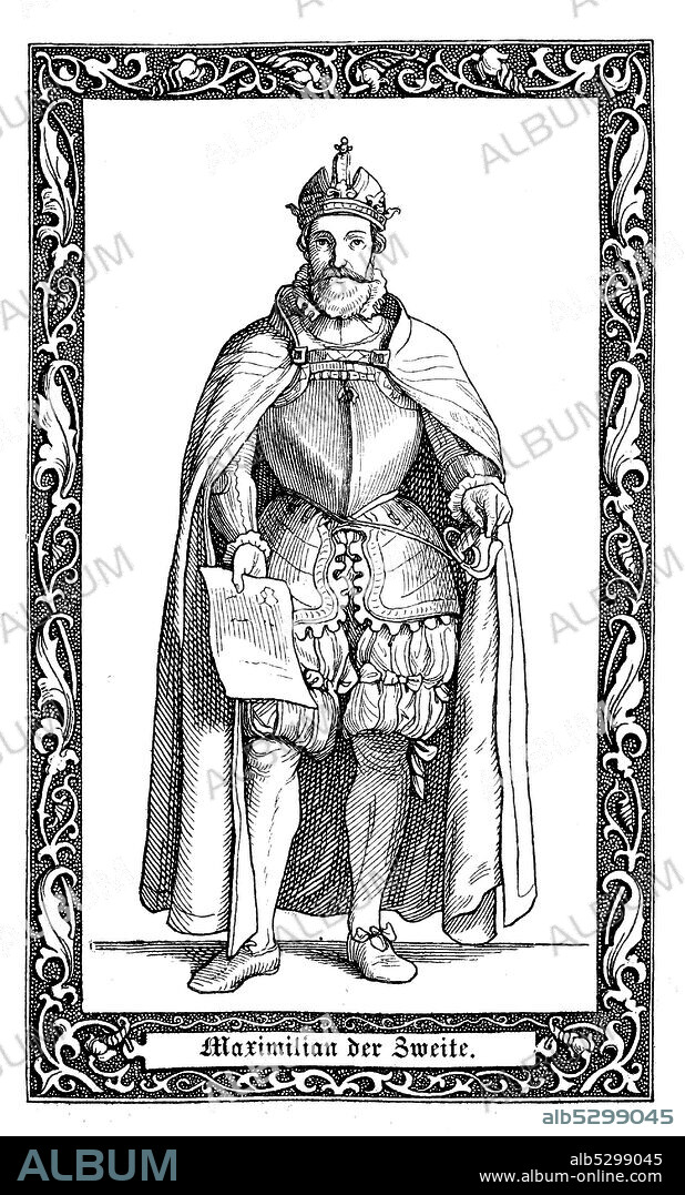 Maximilian II., a member of the Austrian House of Habsburg, was Holy Roman Emperor from 1564 until his death. Maximilian II., 1527-1576, auch Maximilian der Andere, war Kaiser des Heiligen Römischen Reiches Deutscher Nation, Digital improved reproduction of an illustration from the 19th century.