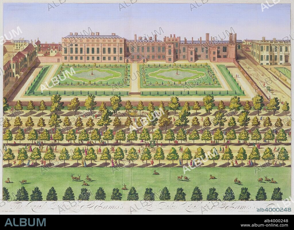St James's Palace, London, 1730. Situated on the Mall just to the north of St James's Park, St James's Palace was commissioned by Henry VIII. It became the official London residence of the monarch in 1698, but lost that status after being damaged by fire in 1809. Today the palace remains the formal base of the Royal Court and is the residence of the Princess Royal and Princess Alexandra. From Survey of London, 1730.