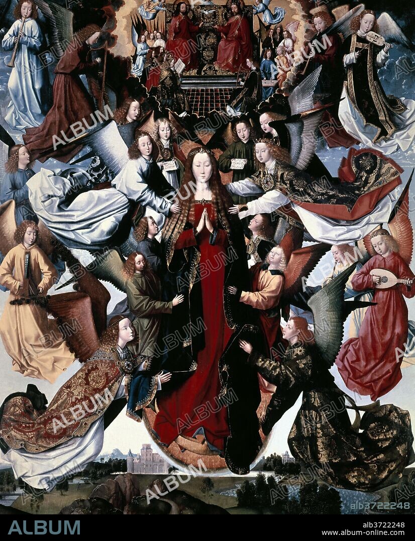 MASTER OF THE SAINT LUCY LEGEND. Mary, Queen of Heaven. Dated: c. 1485/1500. Dimensions: painted surface: 199.2 x 161.8 cm (78 7/16 x 63 11/16 in.)  overall (panel): 201.5 x 163.8 cm (79 5/16 x 64 1/2 in.)  framed: 220.03 × 182.88 × 9.53 cm (86 5/8 × 72 × 3 3/4 in.)  framed weight: 92.987 kg (205 lb.). Medium: oil on panel.