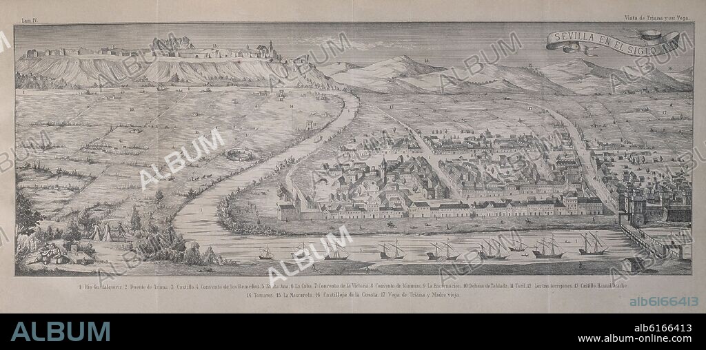 BARTOLOME TOVAR (S XIX) LITOGRAFO. VISTA DE SEVILLA EN EL S XVI - BARRIO DE TRIANA - LITOGRAFIA S XIX.