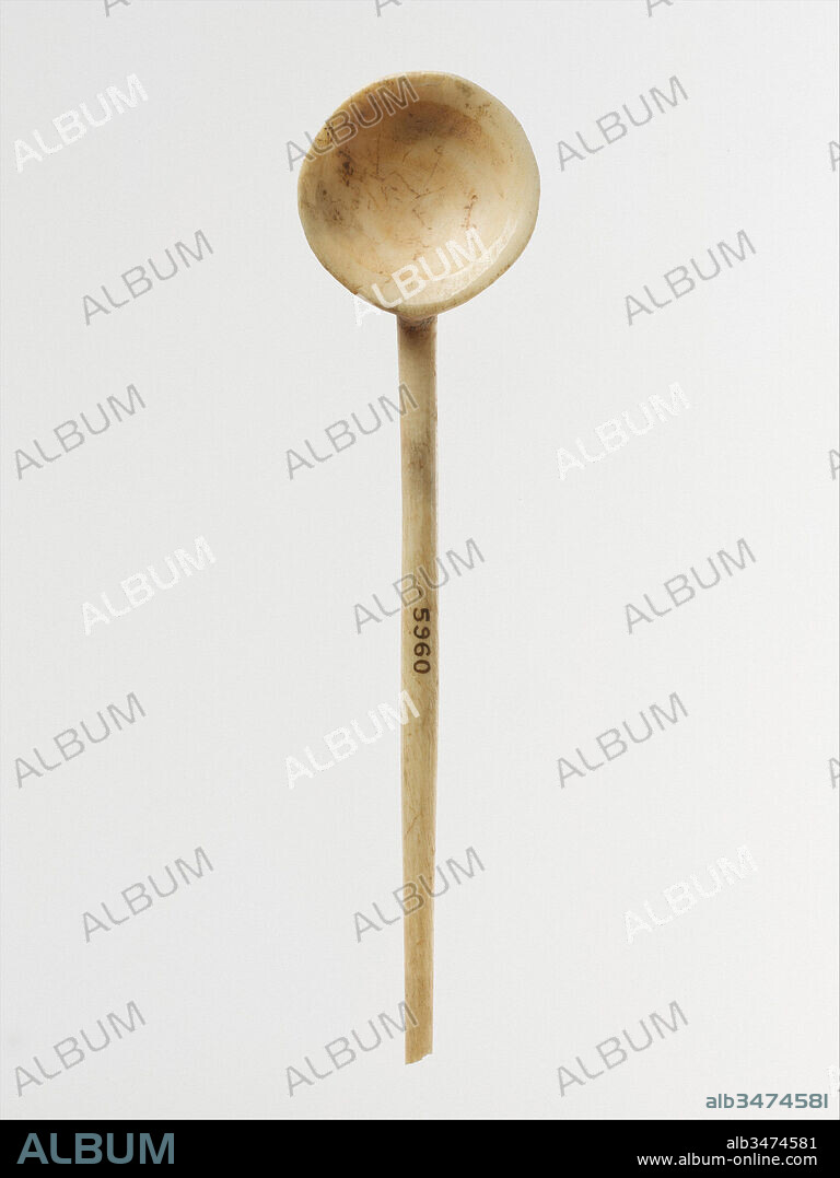 Bone spoon, 1st century A.D., Roman, Bone, H.: 4 1/4 in. (10.8 cm), This type of spoon, known as a cochlear, was used for a variety of purposes, including the consumption of snails, shellfish, and eggs. Ten silver examples belonging to the Tivoli Hoard, a service of Roman tableware, are exhibited in the main galleries on the First Floor.