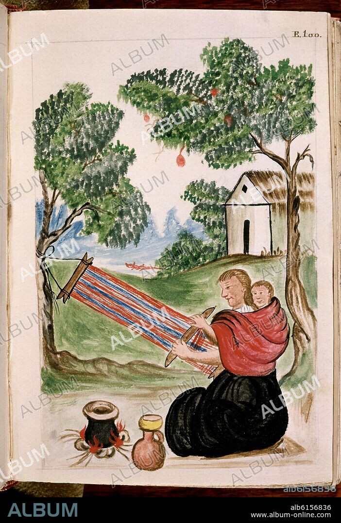 BALTASAR JAIME MARTÍNEZ COMPAÑÓN. CODICE TRUJILLO DEL PERU - TOMO II E 100 - INDIA DE VALLES TEJIENDO - ACUARELA - SIGLO XVIII.